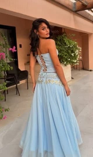 Back view of a powder blue lace-up corset with an embroidered waistband and chiffon skirt
